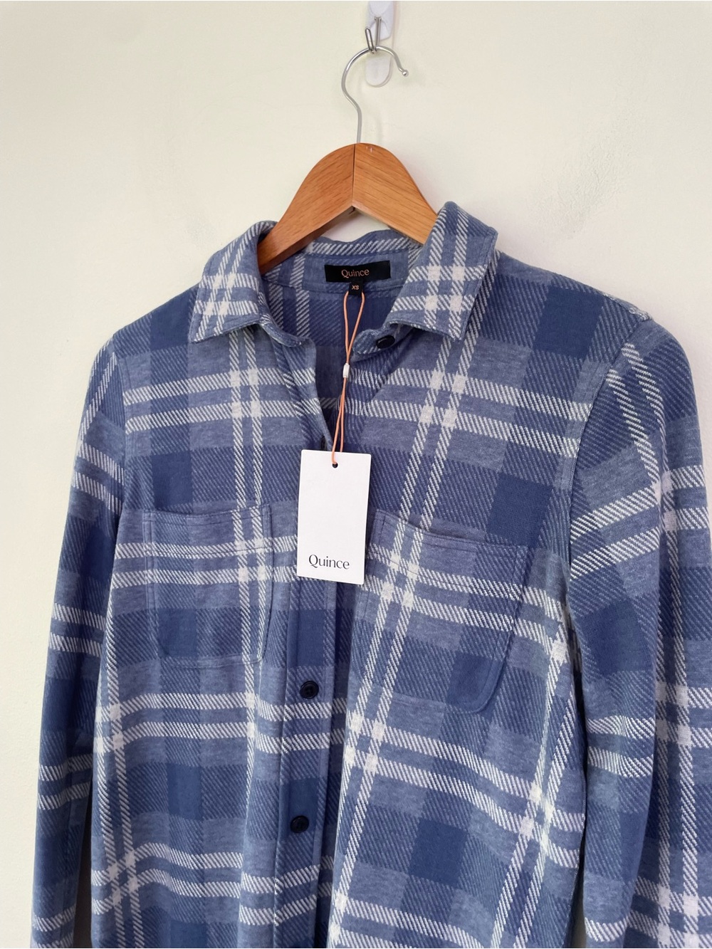 NWT Quince Stretch Sweater Fleece Shirt Indigo Check Plaid Blue XS Button Up - Picture 6 of 12